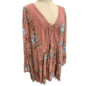 Size 3X Torrid Womens Plus Size Floral Boho Shirt Blouse Lace Trim